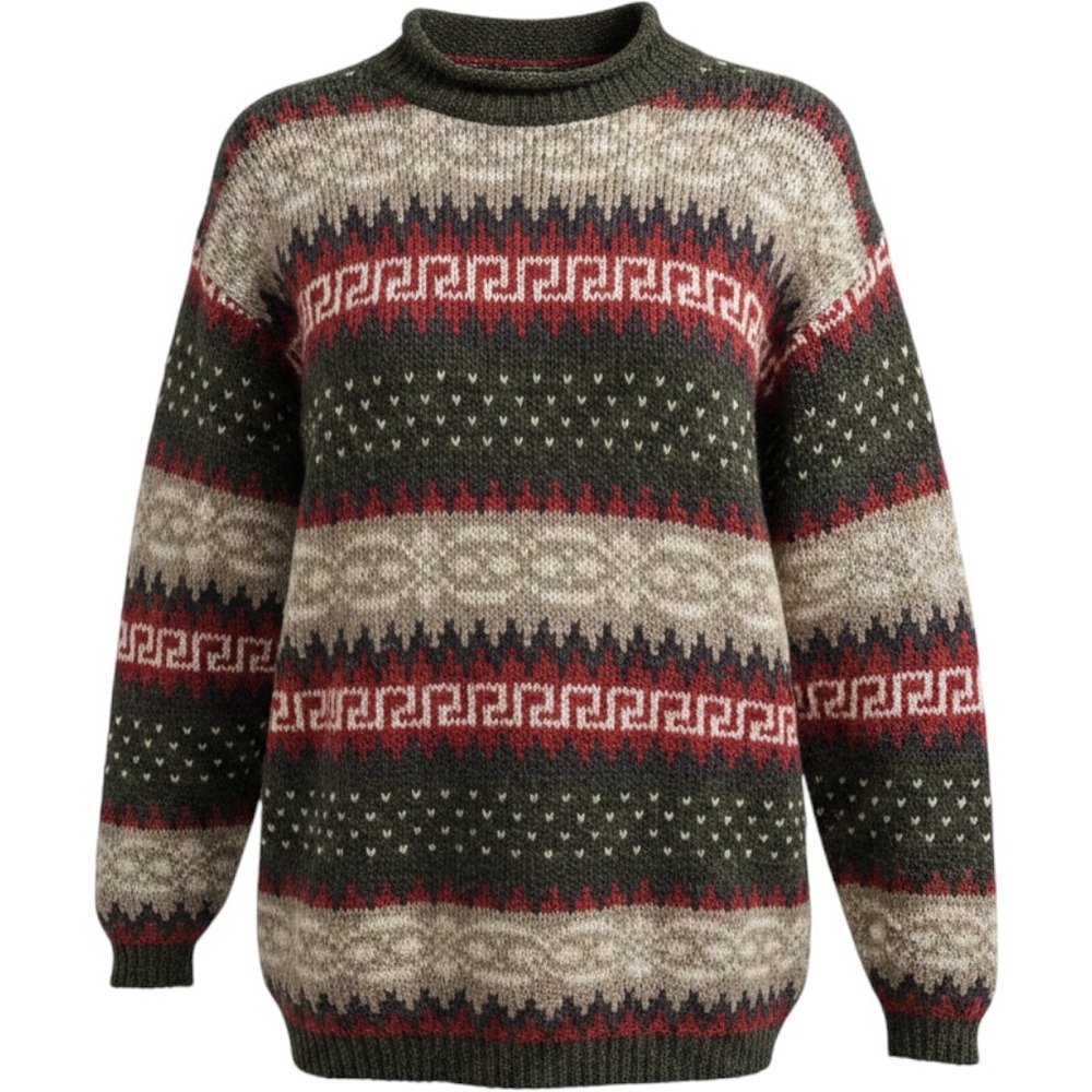 Mountain Lake Mens Large Fair Isle Knit Sweater Green Red Wool Blend Mock Neck